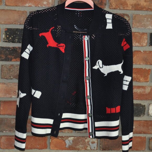 THOM BROWNE Pointelle Hector Bow Navy Wool Cardigan Intarsia-knit Sweater S - Picture 2 of 16